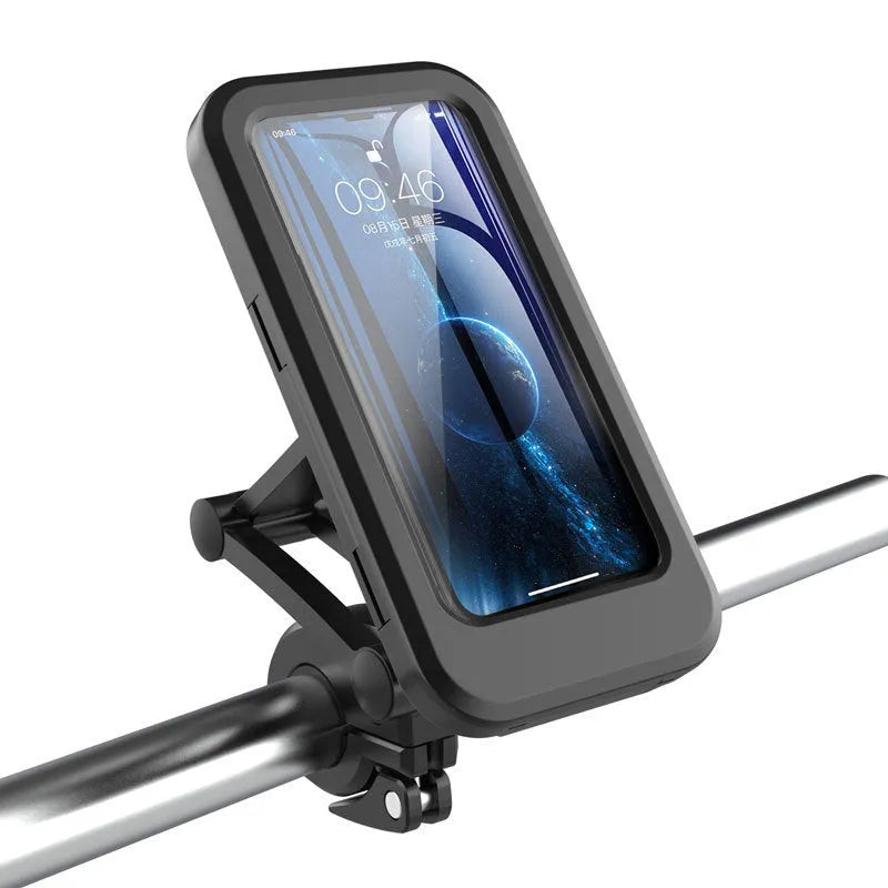 Black adjustable waterproof bicycle handlebar mount holding a mobile phone.