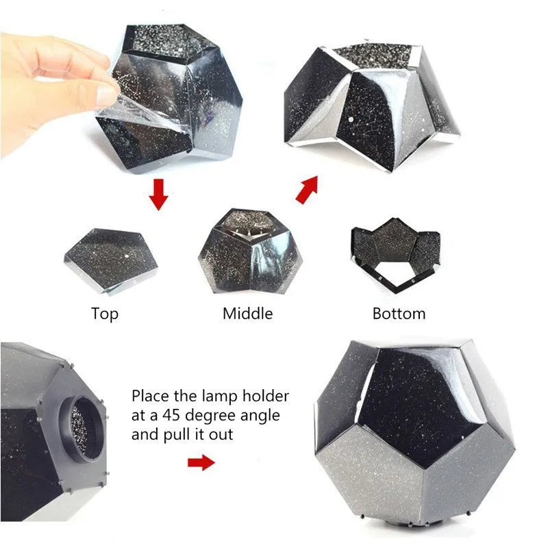 Plastic starry sky projection night light showing constellations on a bedroom ceiling, with remote control.