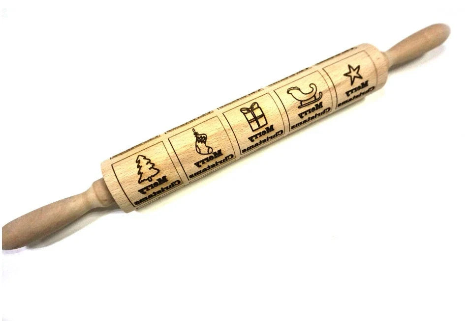 Festive rolling pin with embossed Christmas designs for easy imprinting on dough