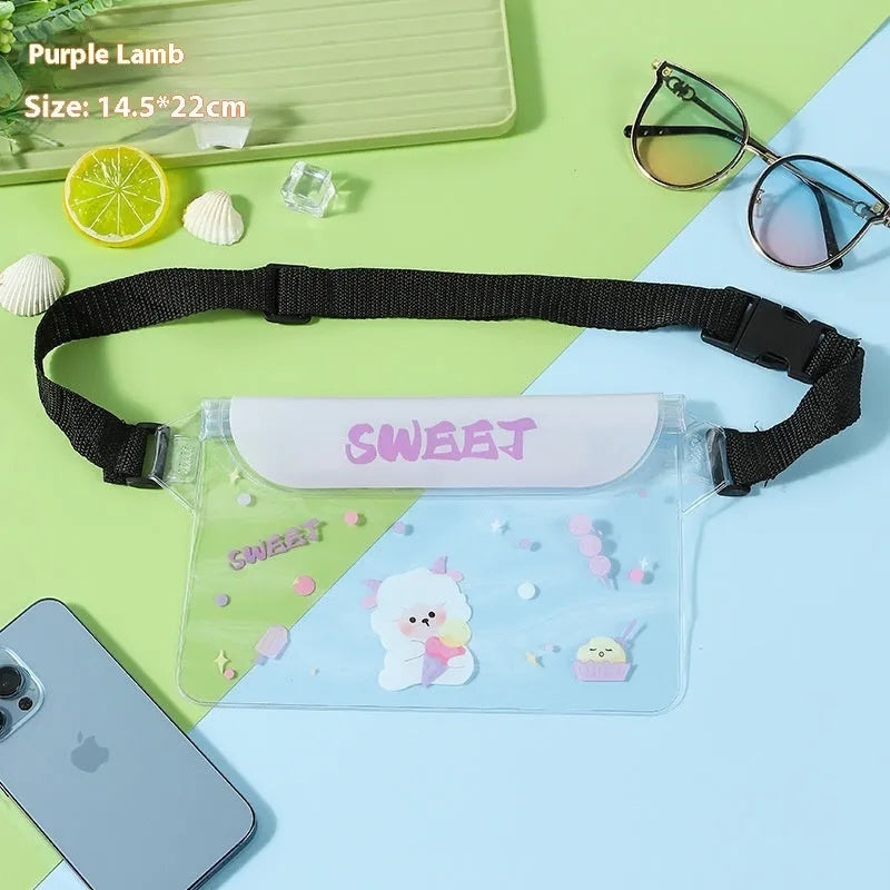 Waterproof PVC phone waist bag with adjustable waistband and touch screen, cartoon animal design, free size