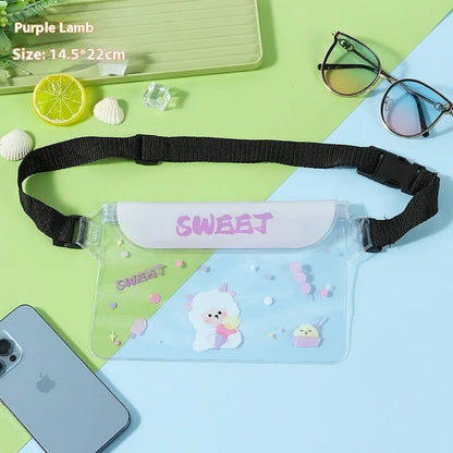 Waterproof PVC phone waist bag with adjustable waistband and touch screen, cartoon animal design, free size