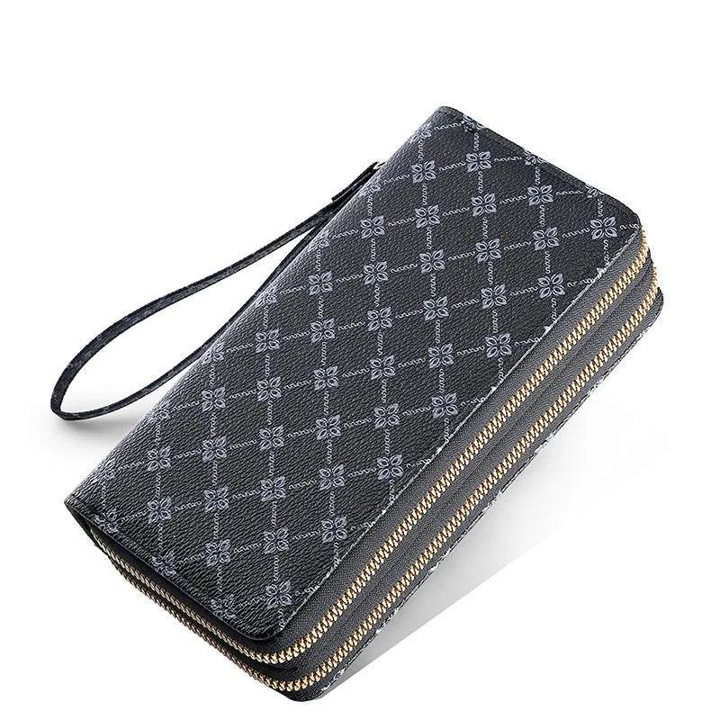Black European retro style PU leather long wallet clutch open to show mobile phone pocket, coin purse, and zipper compartments
