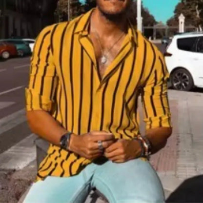 Man modelling a khaki and white striped loose-fit long sleeve casual button shirt.