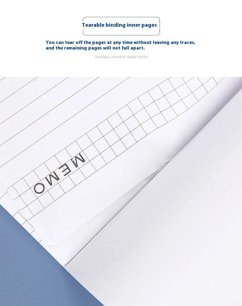 A4 tearable notebook showing grid paper pages and wireless adhesive binding for clean sheet removal
