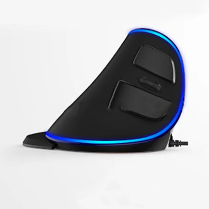 Black vertical ergonomic snail-shaped computer mouse with RGB lighting and USB cable.