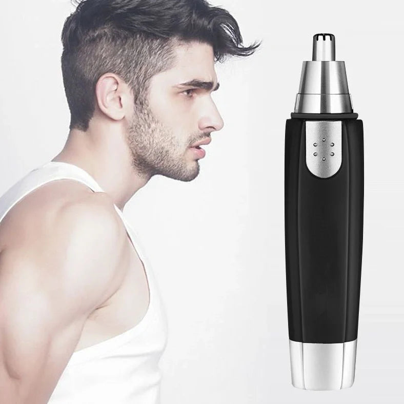 Black electric nose hair trimmer with rotating blades and arch design for safe nasal hair removal