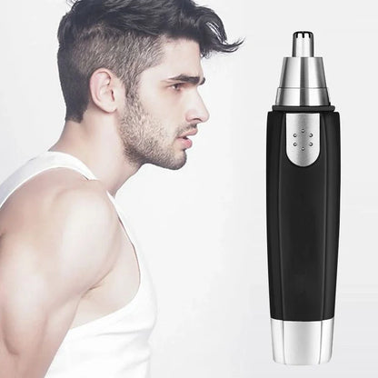 Black electric nose hair trimmer with rotating blades and arch design for safe nasal hair removal