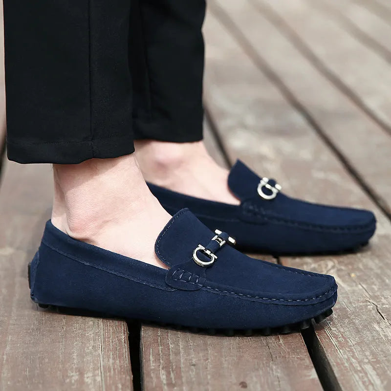 Men's black cowhide slip-on leather shoes with a square toe and flat stiletto heel.