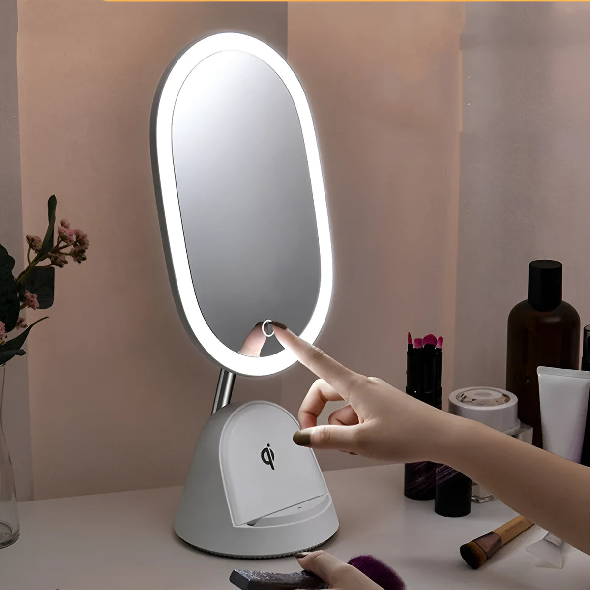 White desk lamp with integrated rectangular makeup mirror and UK plug on a wooden table.