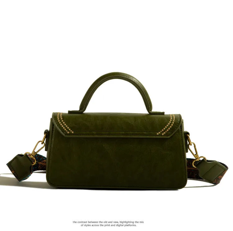 Brown retro-style PU leather women's messenger bag showing front view and organisational compartments.