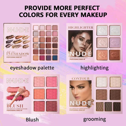 Makeup palette open showing eye shadows, matte blush, shimmer blush, and highlighter powders in shade U137A.
