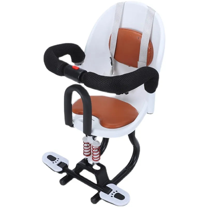 Front-mounted child seat for adult kick scooter in red, showing high-carbon steel frame and secure deck mounting points.
