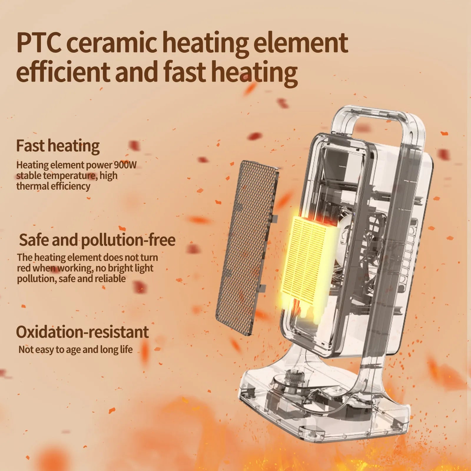 Black PTC ceramic desktop air heater with knob control, dimensions 14.9cm wide by 33.5cm high