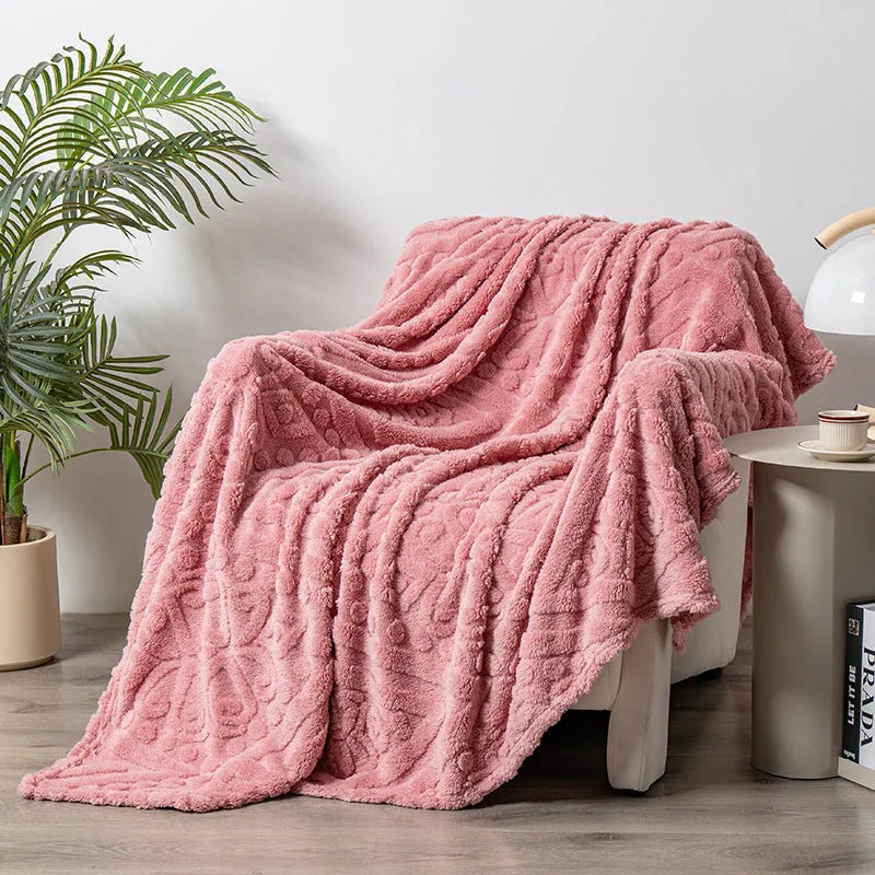 Shu velvet jacquard sofa blanket in solid colour with plant flower patterns showing size options