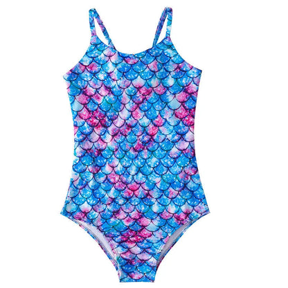 Children's mermaid one-piece swimsuit for girls in polyester with high elasticity, shown in various colours