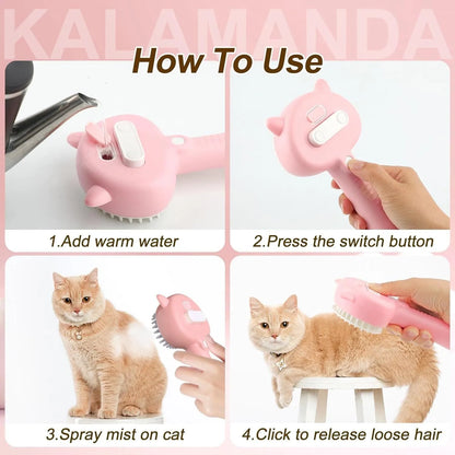 Cat ear-shaped steam brush with blue handle, rubber bristles, and release button for pet grooming