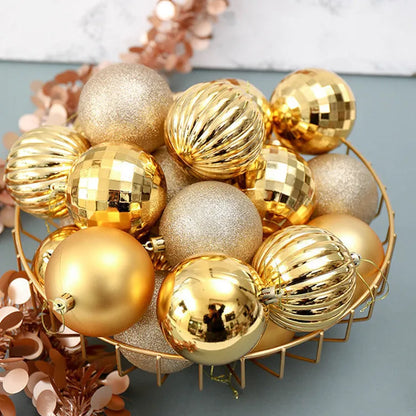 Assortment of 34 round 4cm plastic Christmas baubles in gold, silver, red, blue, and other colours.