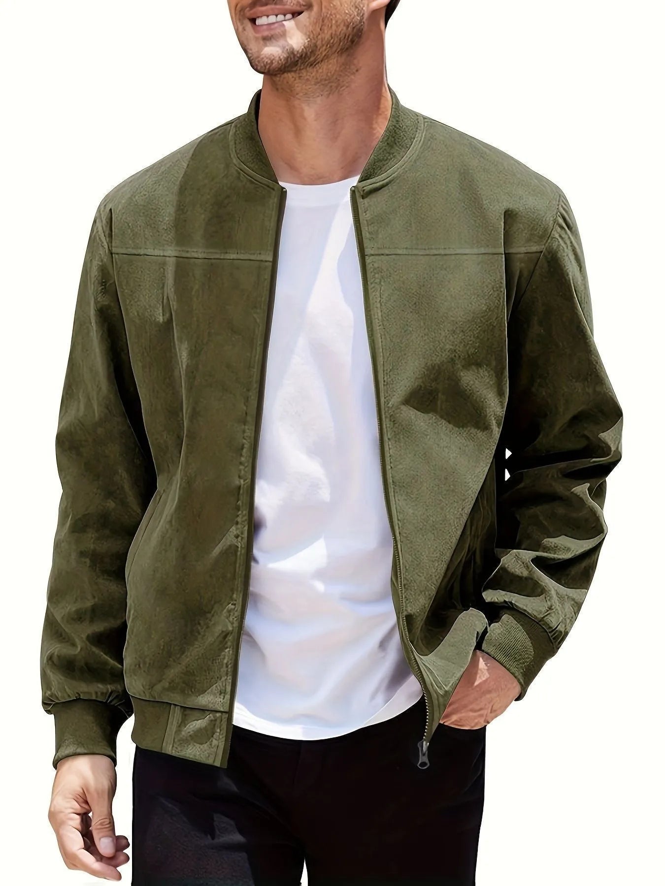 Men's plus size suede jacket in army green with regular fit and cotton lining, sizes S to XXXL.