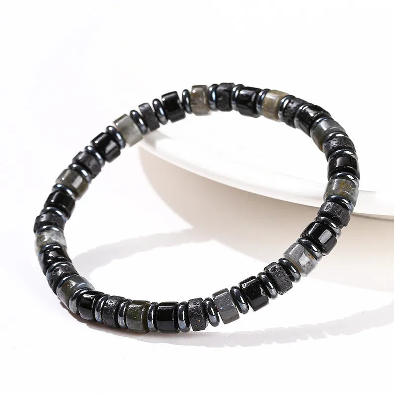 Men's natural volcanic rock hematite spacer bead bracelet with 6mm geometric beads
