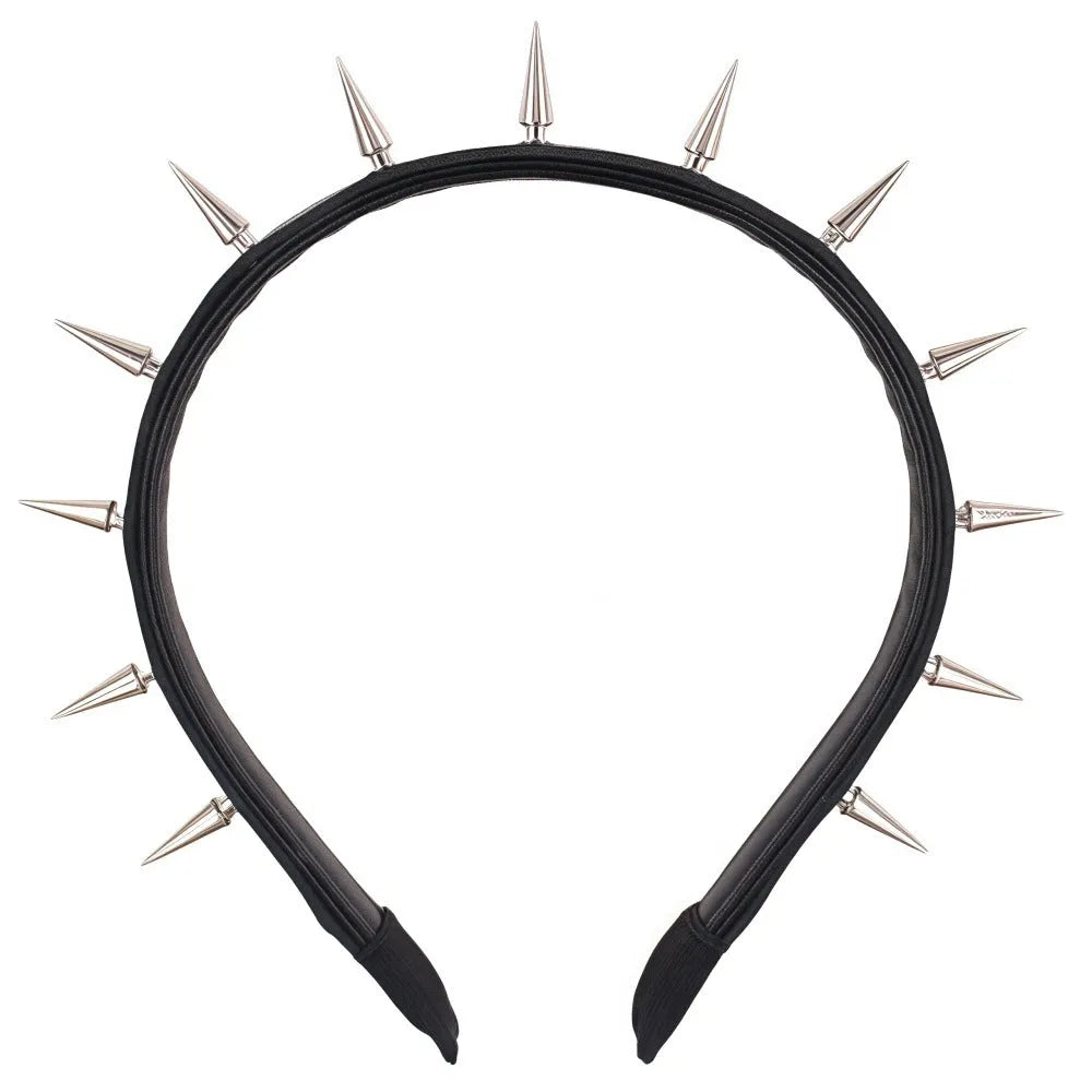Handmade black punk metal headband with pointed nail heads and dotted rivet design
