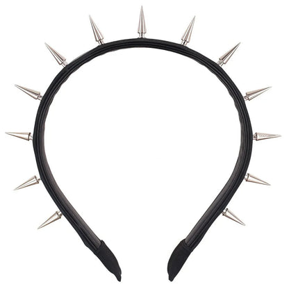 Handmade black punk metal headband with pointed nail heads and dotted rivet design