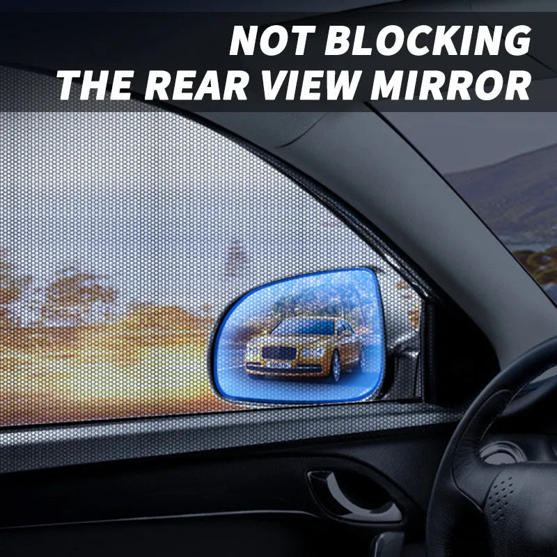 Elastic car side window sunshade made of grey mesh, stretched over a car window frame.
