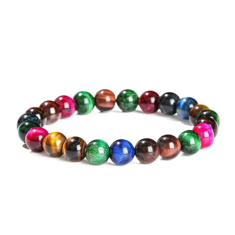 Colourful tiger-eye gemstone bracelet with round beads in 6mm, 8mm, 10mm, and 12mm sizes on mixed string