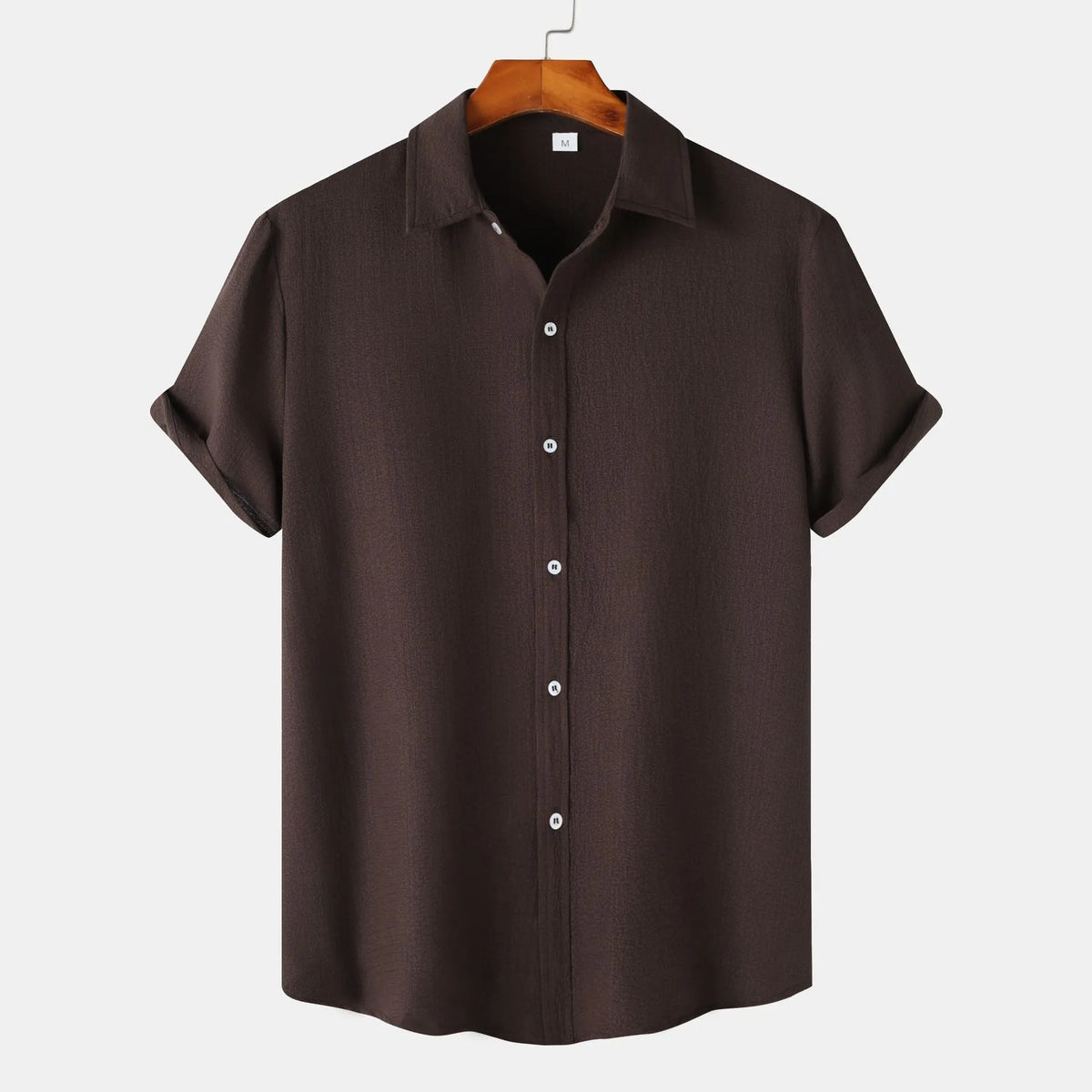 Men's casual short-sleeved cardigan shirt in polyester fabric showing colour options and relaxed fit