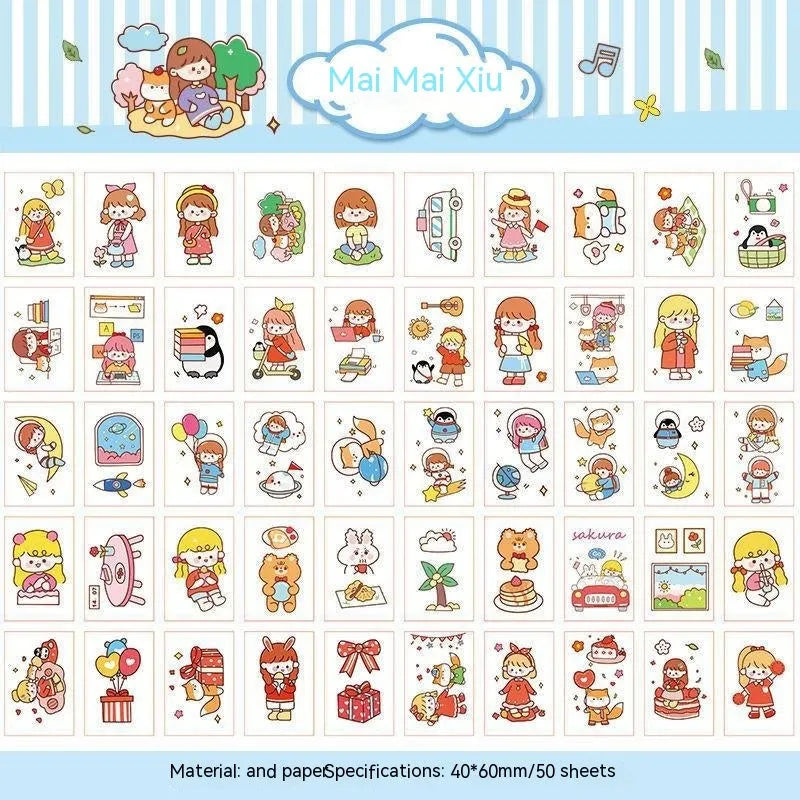 Japanese cartoon character sticker sheet with 50 self-adhesive 40x60mm vinyl decals for notebook decoration