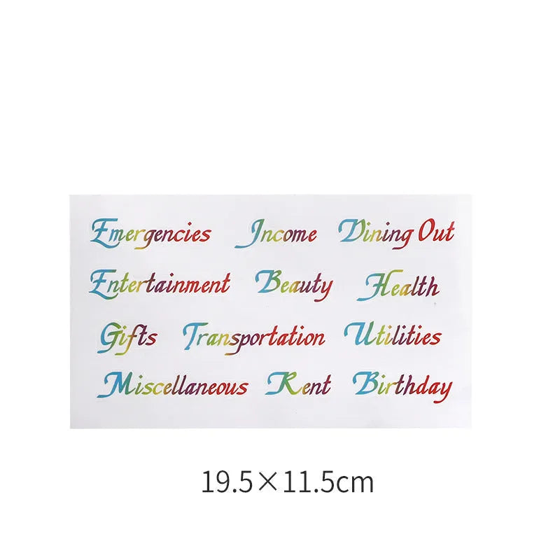 Handwritten label adhesive sticker set showing grid layouts, sticky notes, and A6 rulers on paper