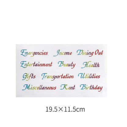 Handwritten label adhesive sticker set showing grid layouts, sticky notes, and A6 rulers on paper