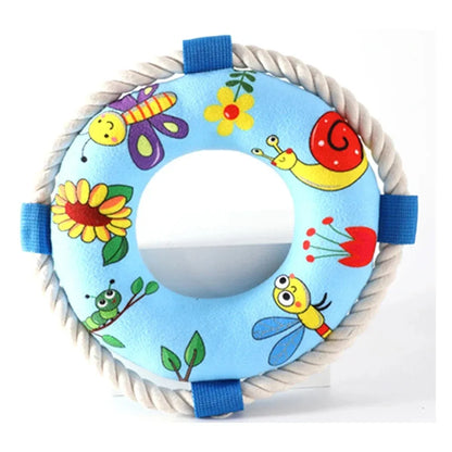 Soft plush dog pull ring toy with squeaker in yellow fish pattern