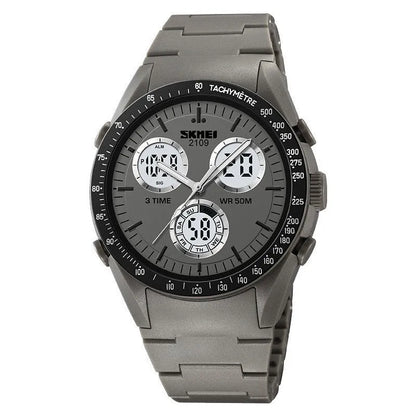 Electronic casual watch with resin mirror and TPU strap showing camouflage pattern, 50m water resistant