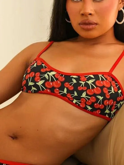 Women's cherry print polyester bikini swimsuit with tube top and briefs