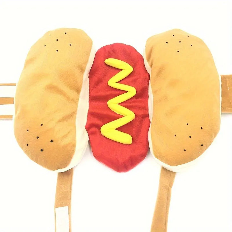 Small dog wearing a humorous stuffed hot dog costume suit in a winter setting.