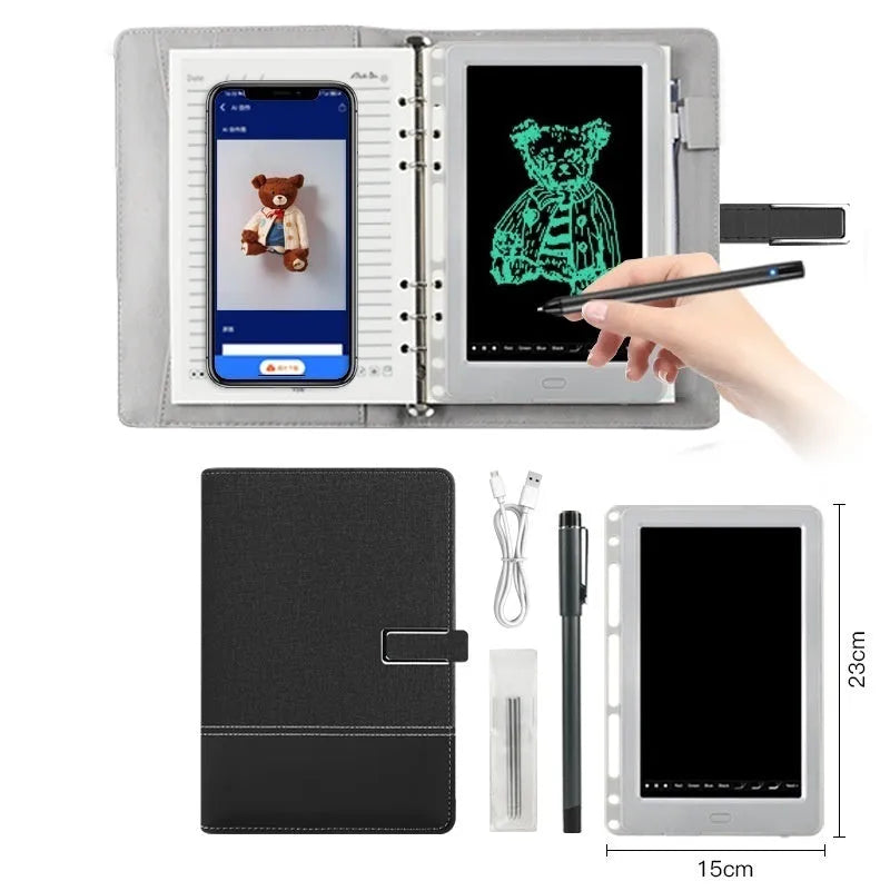 85-inch electronic writing pad with stitching detail in dark blue, shown with smart pen and charging cable.