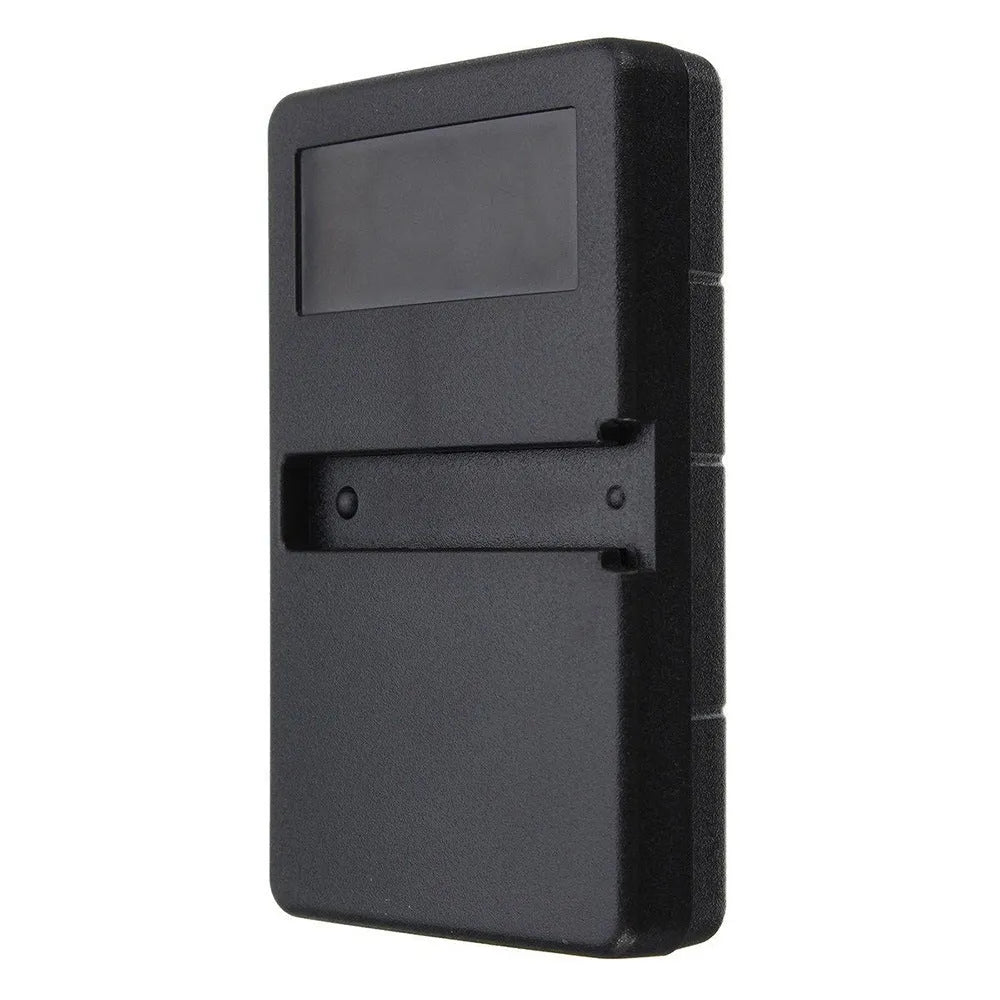 Black three-key garage door remote control with 390 MHz frequency and Rolling Code technology.