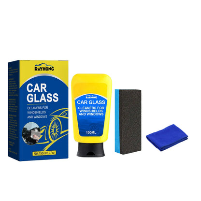 150ml windshield automotive detergent defogging spray bottle with a sponge and microfibre cloth for car window cleaning.