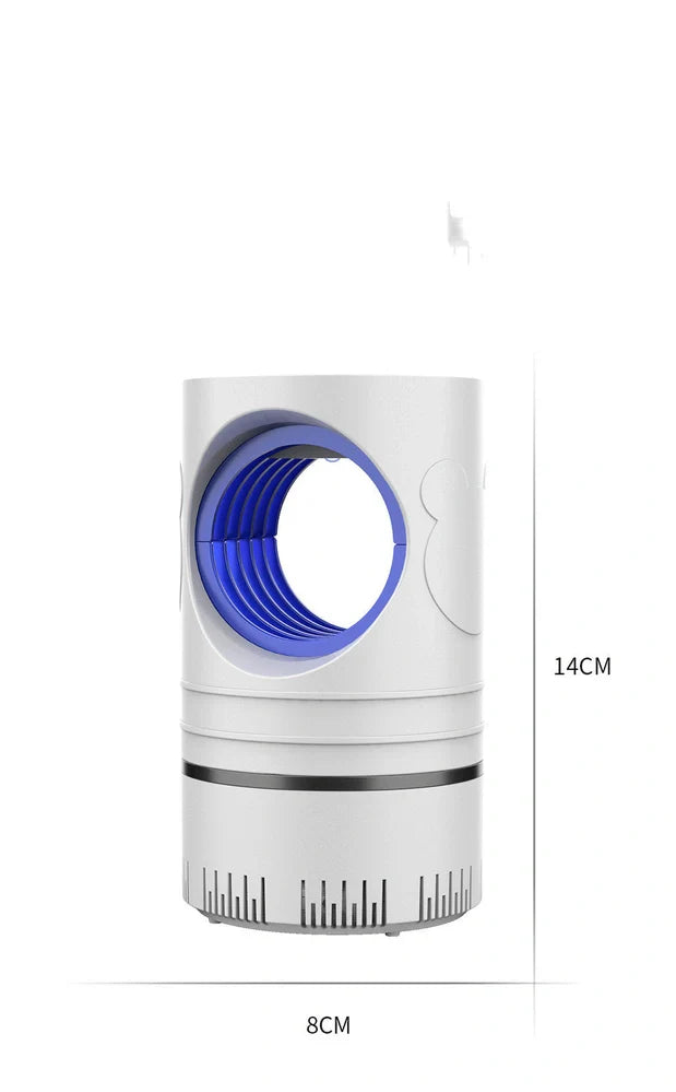 White mosquito killing lamp measuring 8cm wide with UV light and suction technology for household insect control