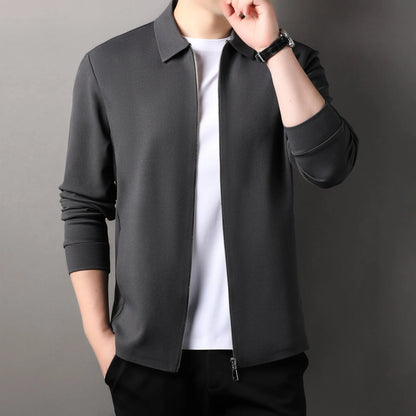 Men's straight hem jacket in black, dark grey, or apricot with regular sleeves and business-casual styling