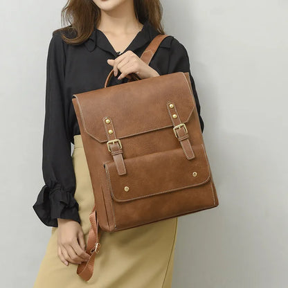 Korean style retro simple backpack in brown colour showing PU material and ventilation design