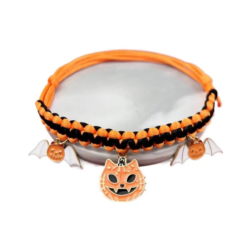 Halloween pet collar decoration with zinc alloy charms in pumpkin bat design on a black collar