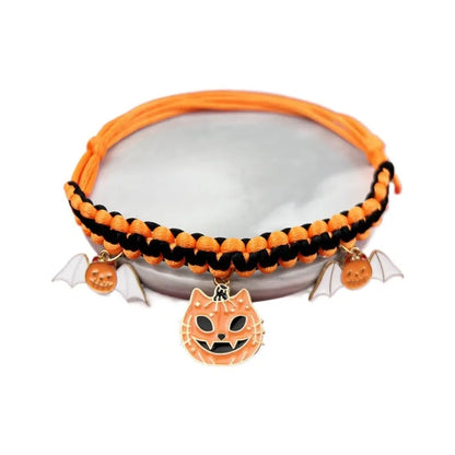 Halloween pet collar decoration with zinc alloy charms in pumpkin bat design on a black collar