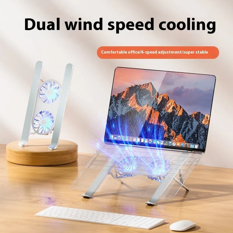 Aluminium alloy portable laptop cooling stand with twin fans and adjustable height mechanism in silver finish
