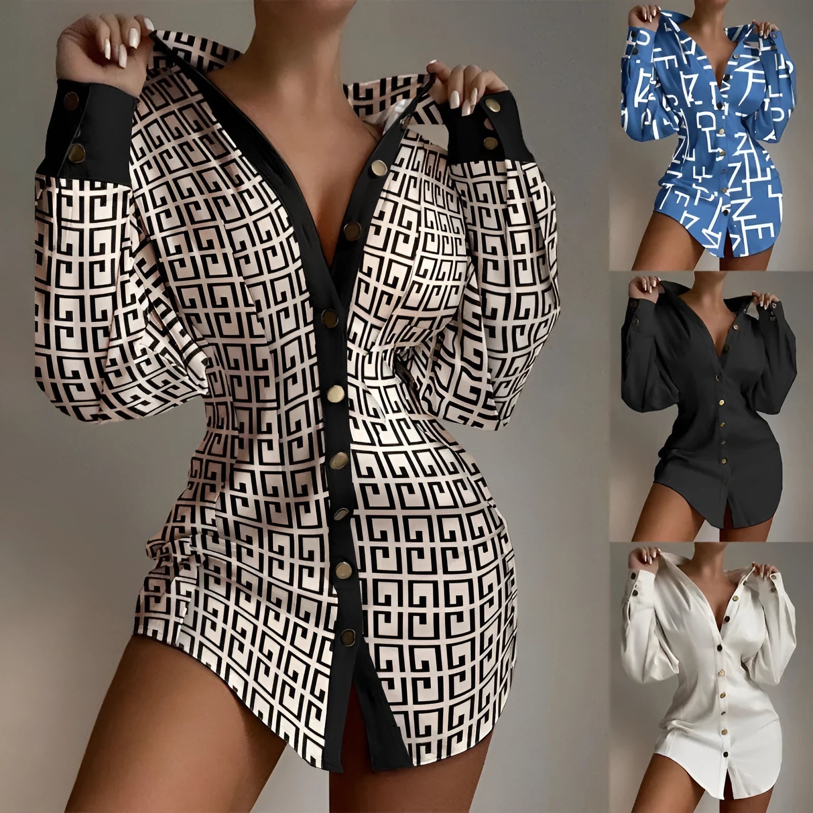 Women's art retro shirt in matel silk with a waist-controlled fastener decoration in blue.