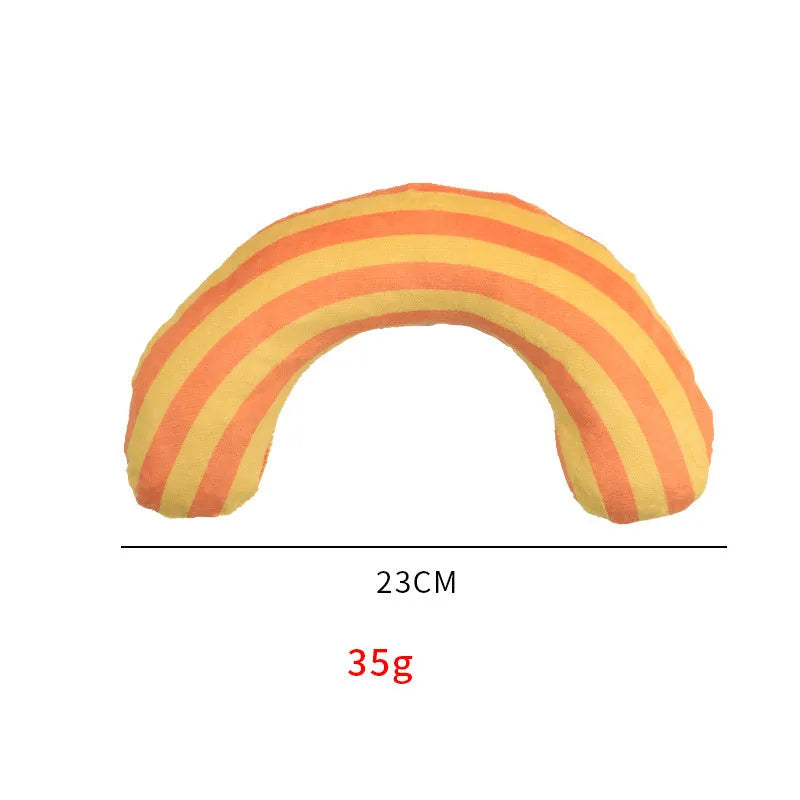 Striped pattern cat pillow toy with noise feature and catnip, measuring 23cm by 20cm, in green, rainbow, or yellow