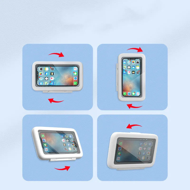 White waterproof phone case mounted on bathroom tile showing smartphone inside with touch screen accessible