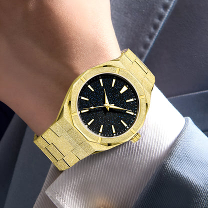 Men's frosted stainless steel business watch with luminous hands on a black dial.
