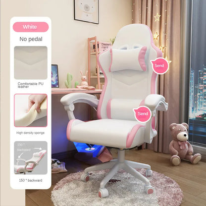 Blue rotatable reclining gaming chair for a girls bedroom with a five-star nylon base and fixed handrails.