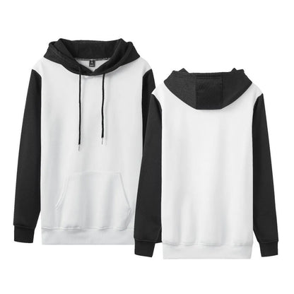 Man wearing a white loose fleece-lined hoodie with contrast stitching, showing the pullover style and hood.